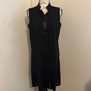Lafayette 148 Black Faux Leather Detailing Grommets Design Dress